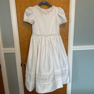 Nicole Satin First Communion or flower girl tea length dress with Pearl Appliqué